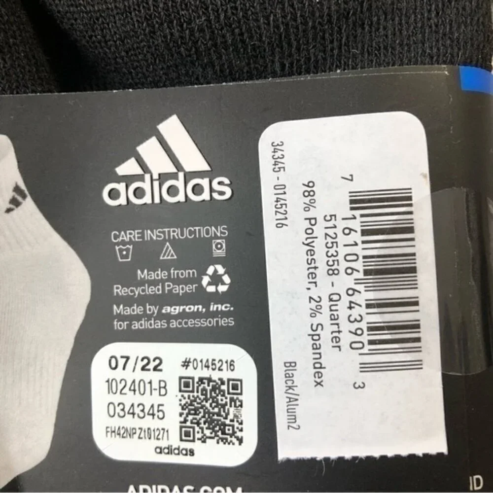 Black Adidas Men's Athletic Cushioned Quarter Socks size large ( shoe size 6-12)